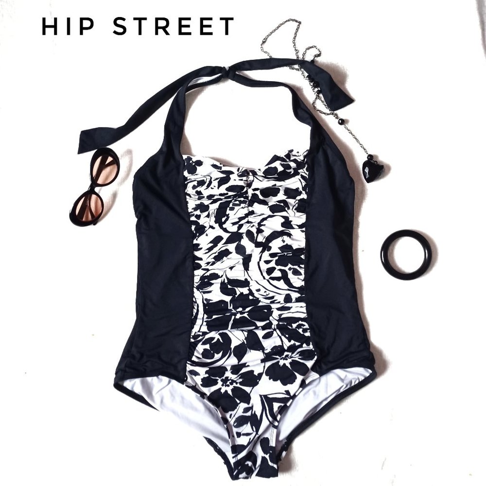 ANNE COLE Swimsuit Print Center Ruche Halter Tie Neck One Piece 16W